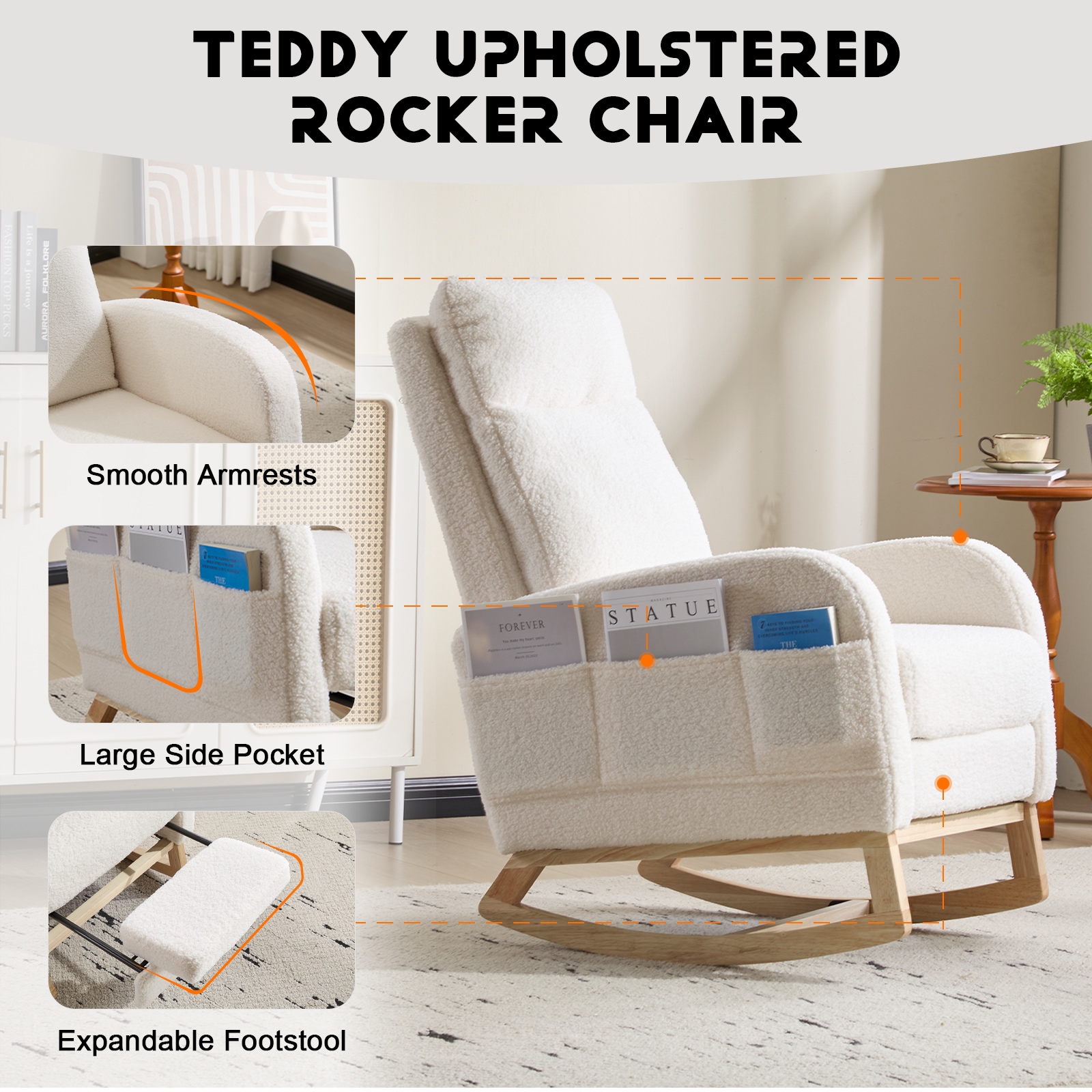 Modern Accent Rocking Chair Rocking Chair With Solid Wood Legs, Upholstered Nursery Glider Rocker, Comfy Armchair With Side Pocket, Living Room Lounge Arm Chair With High Backrest (White,teddy)_voghion.com